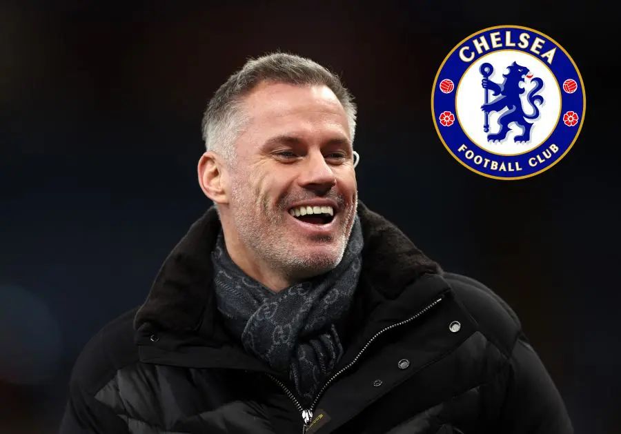 Jamie Carragher with a Chelsea logo.