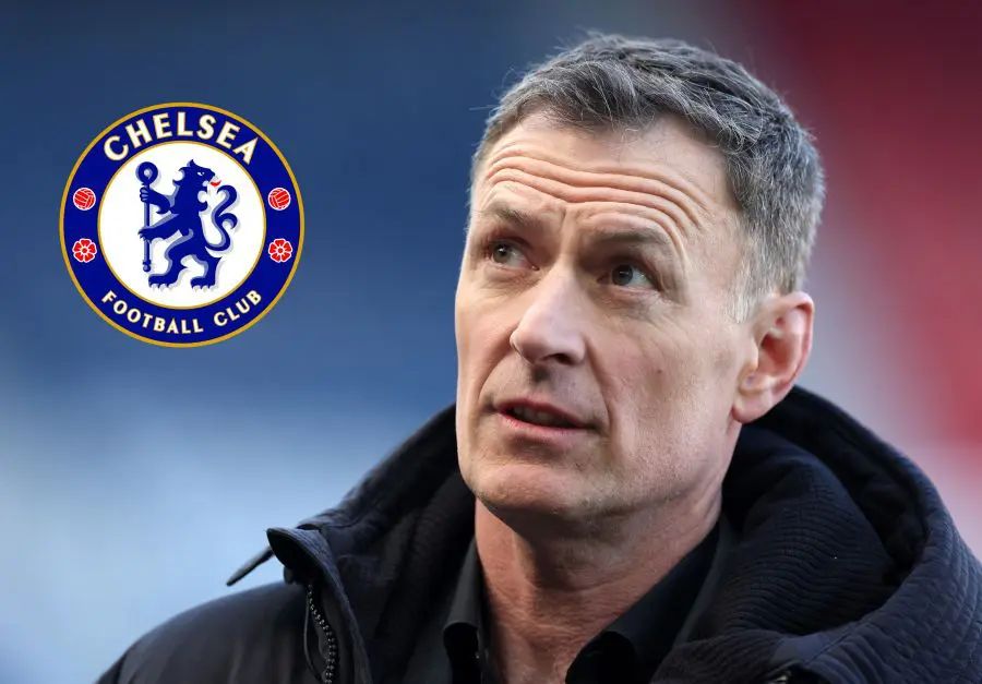 BBC pundit Chris Sutton with a Chelsea logo.