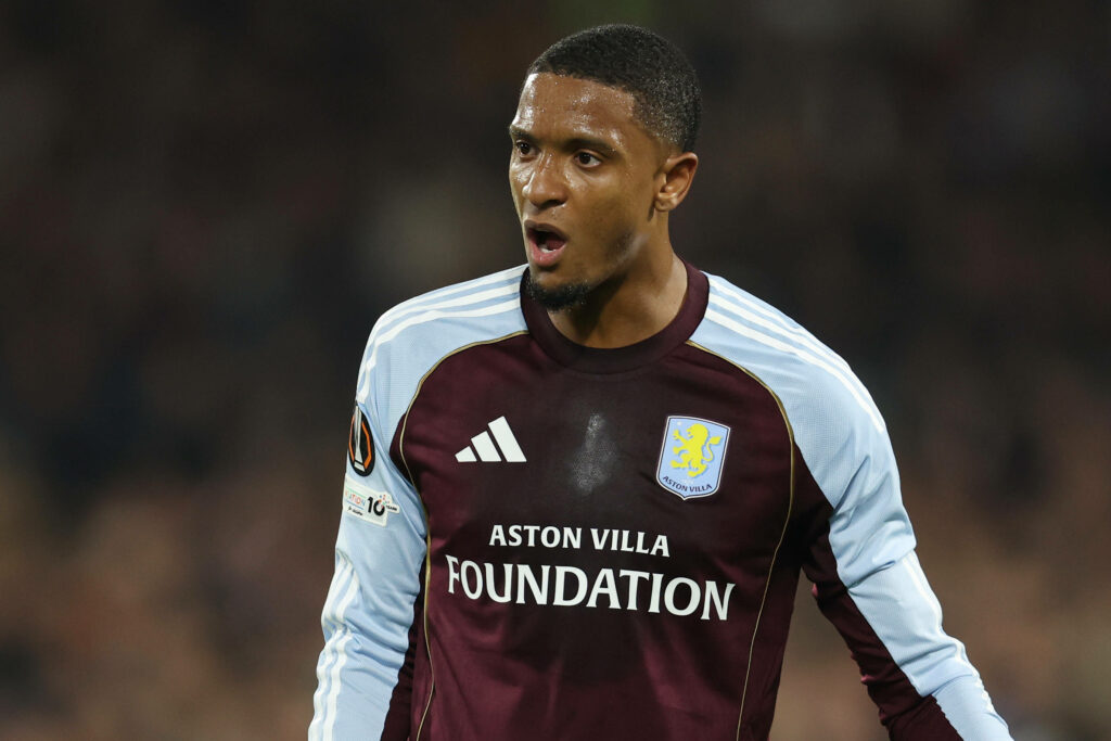 Aston Villa defender Ezri Konsa shouts instructions during a game.