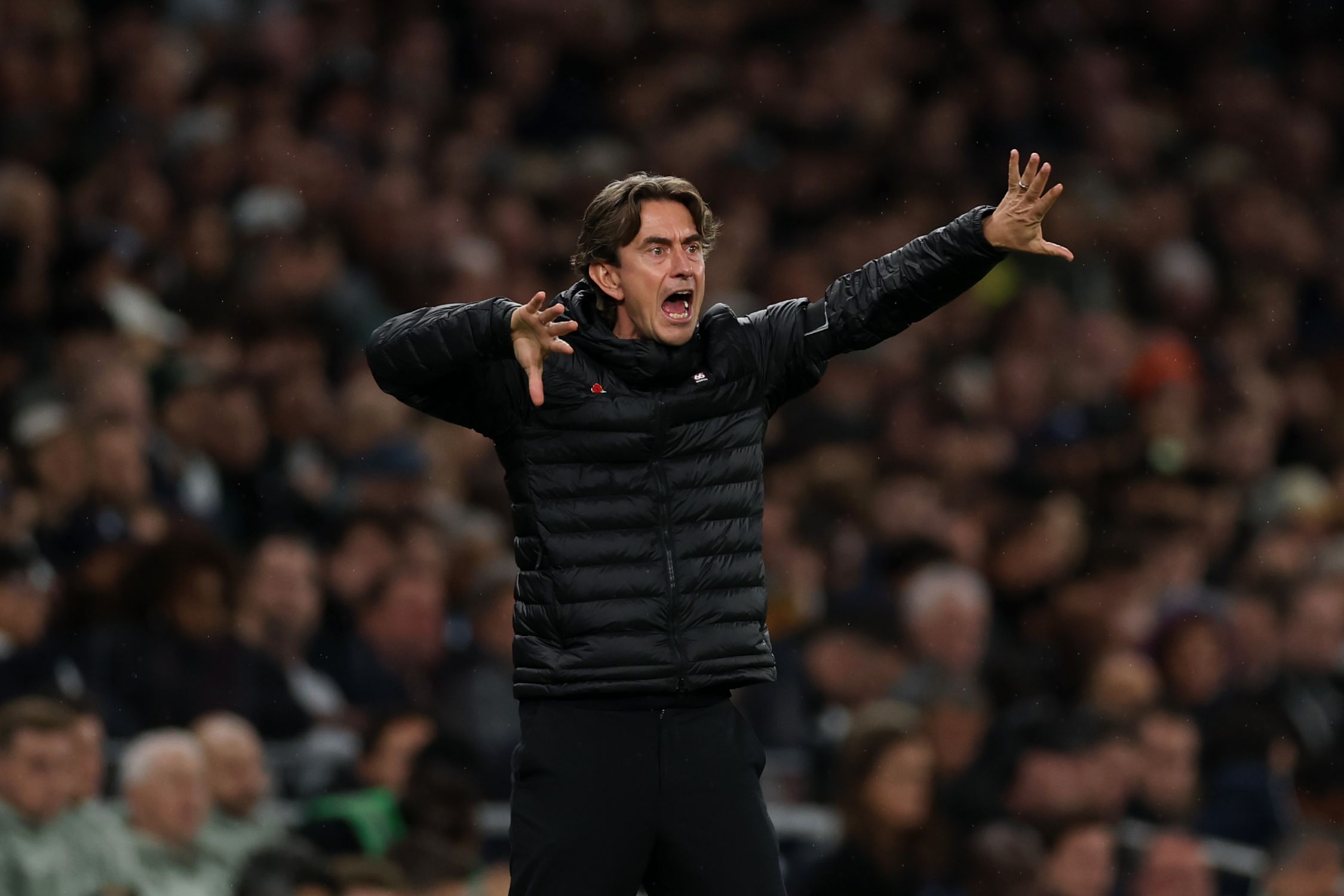 Thomas Frank gesticulates on the sideline.